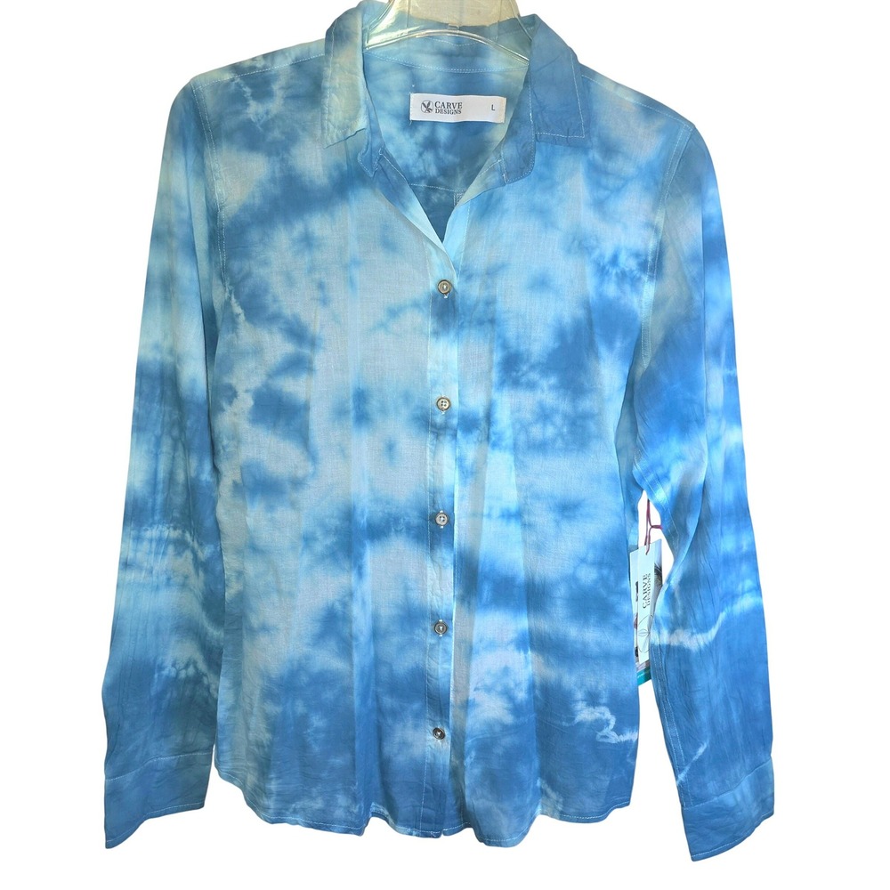 Carve Designs Womens Button Shirt Tie-Dye Long Sleeve Top Large Blue White
